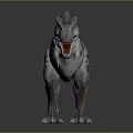 Realistic Tyrannosaurus Rex Dinosaur Model With Open Mouth And Spotted Skin Standing In Gray Background