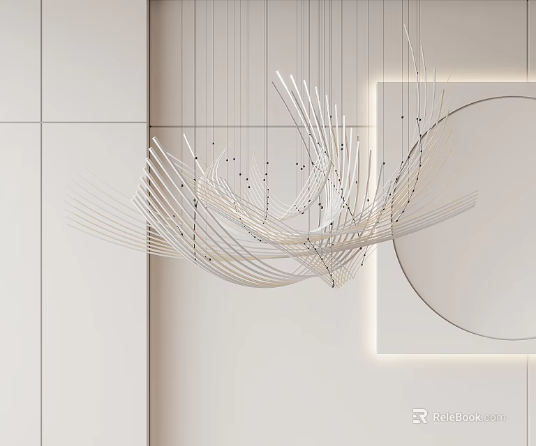 Modern Artistic Linear Chandelier In Minimalist Interior With White Walls And Circular Mirror 3d model 