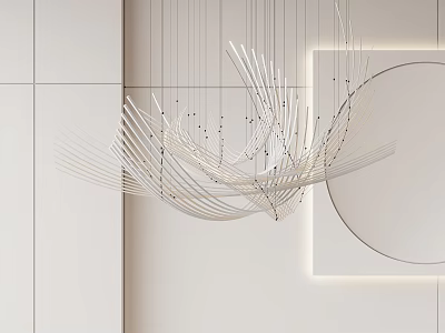 Modern Artistic Linear Chandelier In Minimalist Interior With White Walls And Circular Mirror 3d model