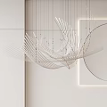 Modern Artistic Linear Chandelier In Minimalist Interior With White Walls And Circular Mirror