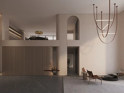 Modern Duplex Living Room Interior With High Ceiling Arched Doorway And Wooden Wall 3d model
