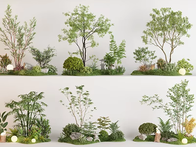 Diverse Landscape Shrubs With Various Shapes Stones And Decorative Lights 3d model
