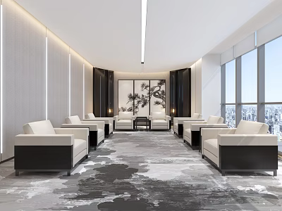 Modern High End Business Reception Lounge With Comfortable Sofas And Panoramic City View Windows 3d model