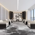 Modern High End Business Reception Lounge With Comfortable Sofas And Panoramic City View Windows
