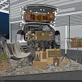 White SUV Trunk Market Stall Setup With Wooden Crates Chairs Plants And String Lights Decoration