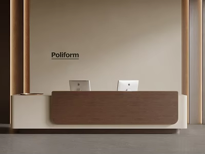 Poliform Modern Reception Desk With Wooden Front And Light Beige Background Tablet Displays On Top 3d model