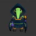 Mystical 3D Character With Blue Hooded Cloak Long Beak Mask Purple Orb And Golden Staff
