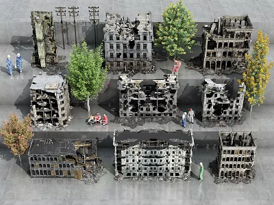Abandoned Industrial Factory Building With Ruined Urban Structures Trees And Figures 3d model