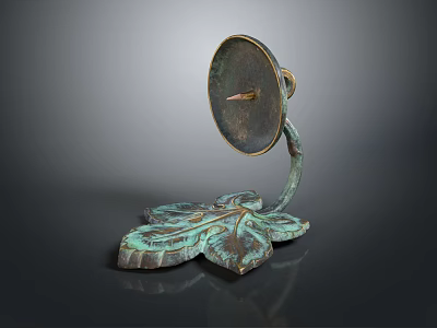 Antique Bronze Artifact With Leaf Shaped Base And Circular Mirror Top 3d model