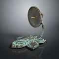 Antique Bronze Artifact With Leaf Shaped Base And Circular Mirror Top 3d model