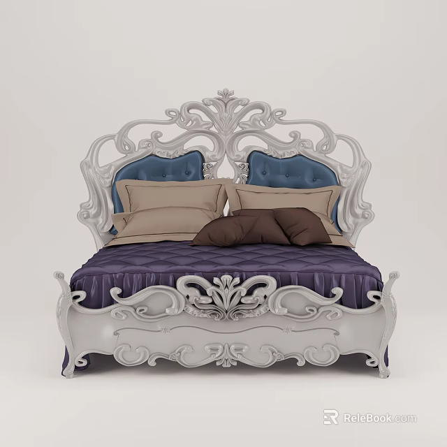 Elegant Ornate Double Bed With White Carved Frame Blue Upholstered Headboard And Purple Quilted Mattress 3d model 