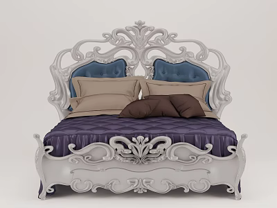 Elegant Ornate Double Bed With White Carved Frame Blue Upholstered Headboard And Purple Quilted Mattress 3d model