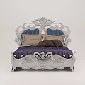 Elegant Ornate Double Bed With White Carved Frame Blue Upholstered Headboard And Purple Quilted Mattress