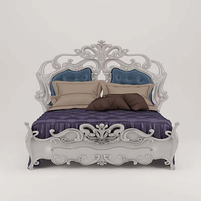 Elegant Ornate Double Bed With White Carved Frame Blue Upholstered Headboard And Purple Quilted Mattress 3d model