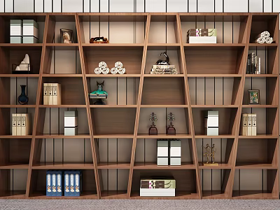 Modern Wooden Bookcase Interior With Books Decorative Sculptures And Photo Frames 3d model
