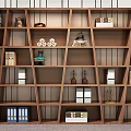Modern Wooden Bookcase Interior With Books Decorative Sculptures And Photo Frames