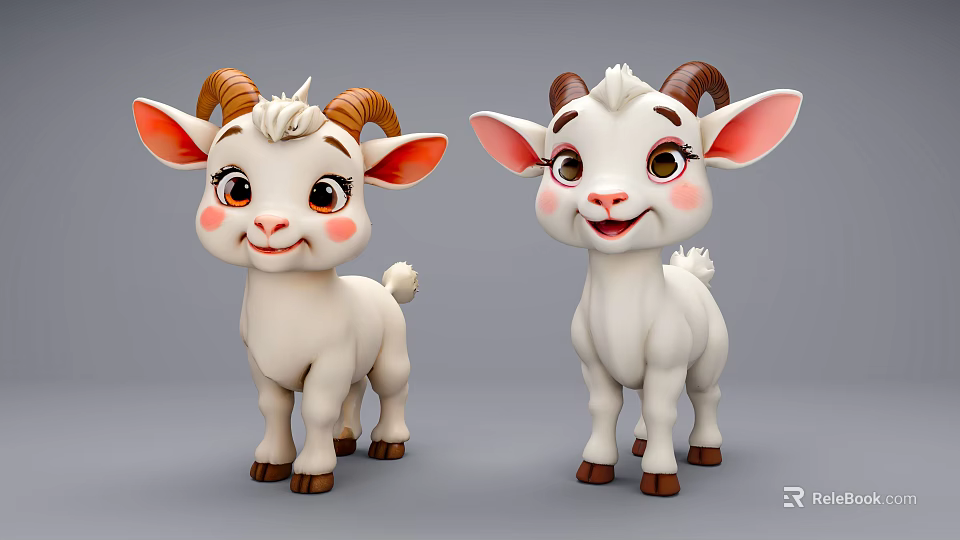 Cute Cartoon Goats With Pink Ears Brown Horns And Smiling Faces 3d model 