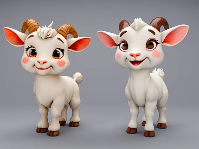 Cute Cartoon Goats With Pink Ears Brown Horns And Smiling Faces 3d model