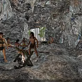 Natural Cave Interior Featuring Rock Formations Ancient Humans Campfire Sunlight Through Entrance And Green Plants