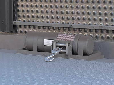Industrial Mechanical Drum Device With Striped Rope And Metal Hook On Perforated Metal Panel Background 3d model