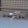 Industrial Mechanical Drum Device With Striped Rope And Metal Hook On Perforated Metal Panel Background