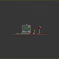 Vintage Computer Setup With Keyboard Game Controller Red Wires Desk Lamp And Small Cactus Plant 3d model