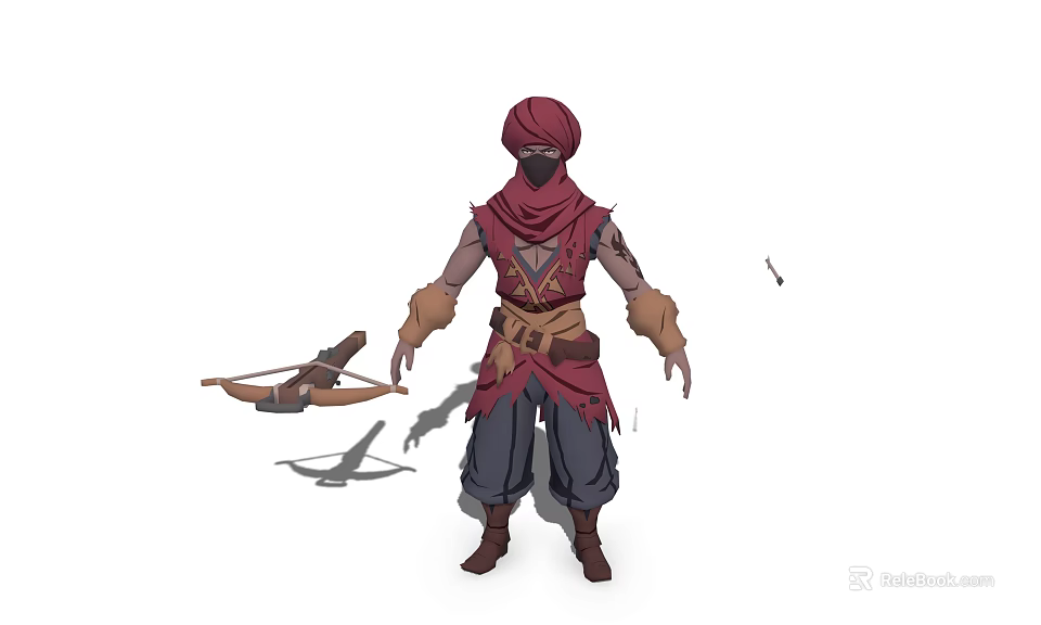Mysterious Game and Movie Character With Red Turban Face Mask Bow Arrow and Ornate Clothing 3d model 