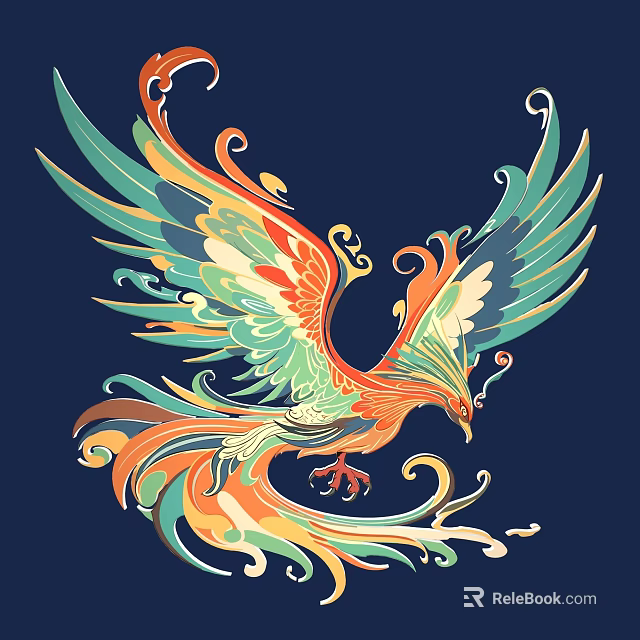 Intricate Carved Phoenix Design With Colorful Feathers And Curled Patterns On Dark Blue Background 3d model 