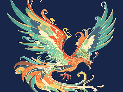 Intricate Carved Phoenix Design With Colorful Feathers And Curled Patterns On Dark Blue Background 3d model