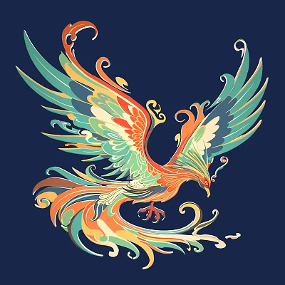 Intricate Carved Phoenix Design With Colorful Feathers And Curled Patterns On Dark Blue Background 3d model