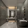 Modern Light Luxury Bathroom With Grey Matte Finishes And Recessed Lighting Next To Large Window