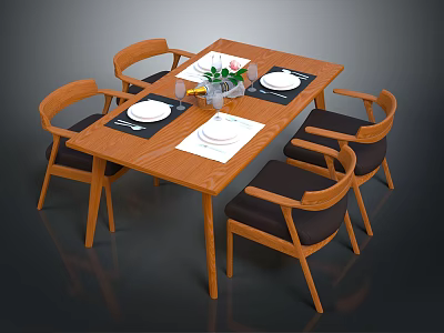 Wooden Dining Table Set With Four Chairs Tableware Placemats And Flower Vase 3d model