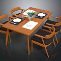 Wooden Dining Table Set With Four Chairs Tableware Placemats And Flower Vase