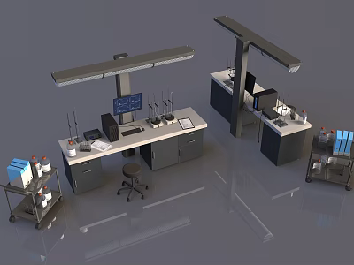 Industrial Equipment For Laboratory Workstations With Instrument Consoles And Storage Racks 3d model