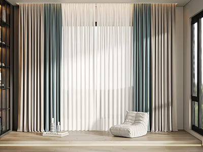 Modern Curtains Blue White Beige Layered in Cozy Living Room with Light Filtering Design 3d model