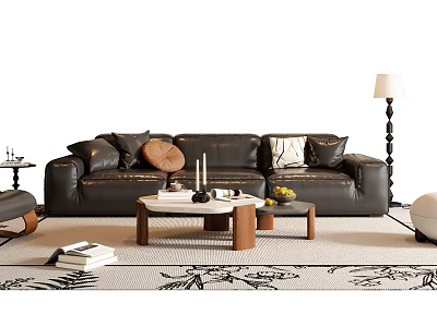 Modern Leather Sofa With Throw Pillows And Wooden Coffee Table Set On Patterned Rug With Floor Lamp 3d model