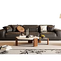 Modern Leather Sofa With Throw Pillows And Wooden Coffee Table Set On Patterned Rug With Floor Lamp