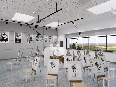 School Art Classroom Featuring Easels Drawing Boards Plaster Statues Wall Paintings and Bright Window View 3d model