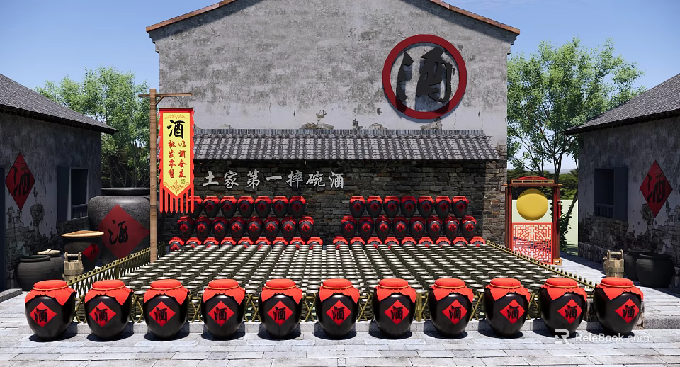 Traditional Chinese Garden Landscape with Old Style Building Row Arranged Wine Jars and Decorative Banners 3d model 