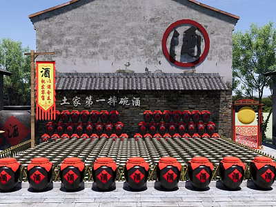 Traditional Chinese Garden Landscape with Old Style Building Row Arranged Wine Jars and Decorative Banners 3d model