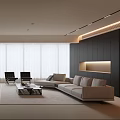Modern Living and Dining Room Interior With Sofa Coffee Table Chairs And Large Windows