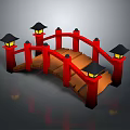 Kids Playground Equipment Red Bridge With Black Lanterns Wooden Deck And Railings 3d model