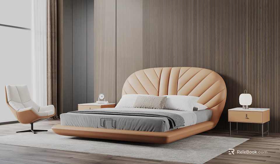 Modern Double Bed With Light Brown Leather Headboard Fan Shaped Pattern And Low Profile Design 3d model 