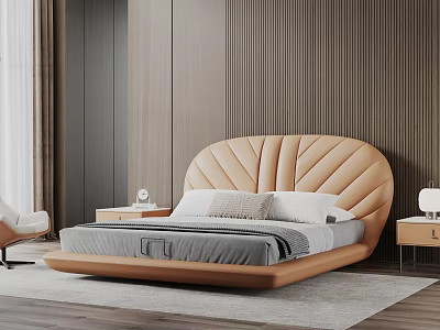 Modern Double Bed With Light Brown Leather Headboard Fan Shaped Pattern And Low Profile Design 3d model