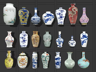 Decorative Ceramic Vessels With Various Traditional Motifs Colorful Designs And Different Shapes 3d model