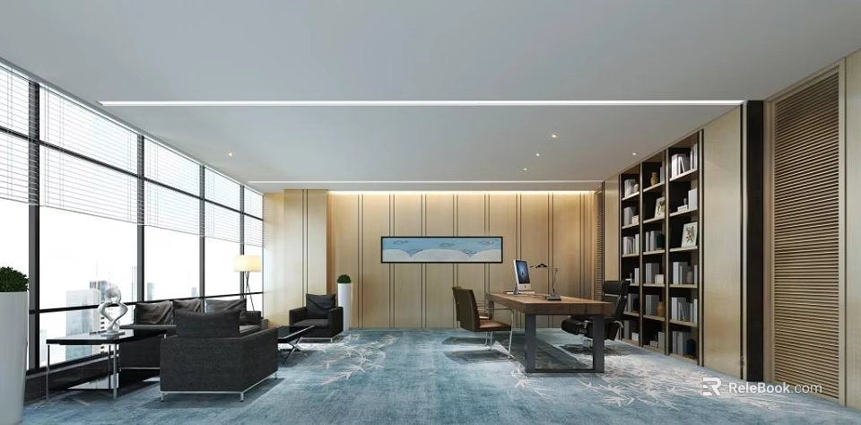 Modern Office Interior With Open Layout Large Windows Sofa Desk And Bookshelves 3d model