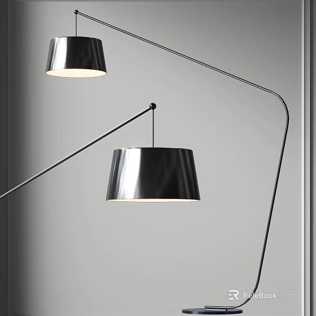 Modern Black Floor Lamp With Curved Arm Two Illuminated Shades In Minimalist Setting 3d model 