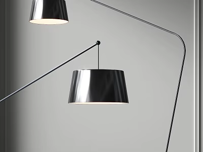 Modern Black Floor Lamp With Curved Arm Two Illuminated Shades In Minimalist Setting 3d model