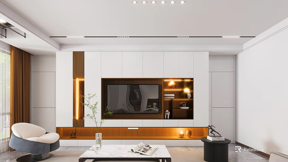 Modern Living Dining Room Interior Design With TV Wall White Brown Cabinets And Green Plant 3d model 