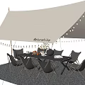Outdoor Camping Tent Setup With String Lights Table And Chairs For Gathering 3d model